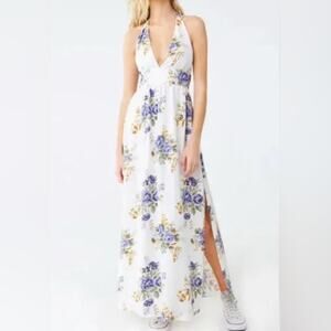 Forever 21 Floral Maxi Dress in White/Purple/Gold, Halter, Lined, Flowy, Small